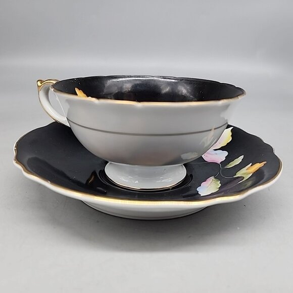 Chugai China Demitasse Teacup & Saucer Rise Floral Black Occupied Japan Vintage - Picture 3 of 7